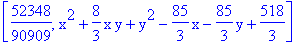 [52348/90909, x^2+8/3*x*y+y^2-85/3*x-85/3*y+518/3]